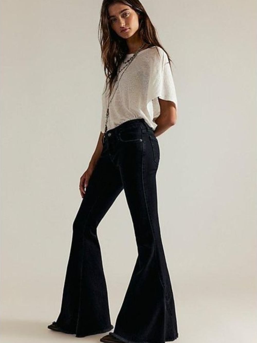 Free People We The Free Black Low Rise Flare Bell Bottom Jeans Raw Hem Size 27